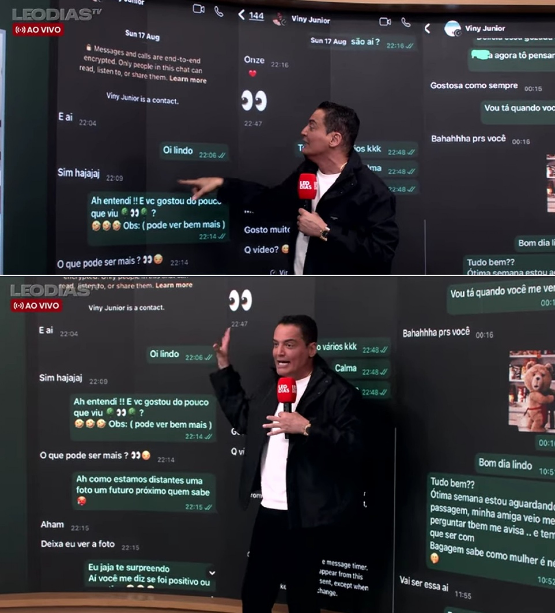 Leo Dias mostra 'prints' de conversa de Anna Silva com Vini Junior em seu programa