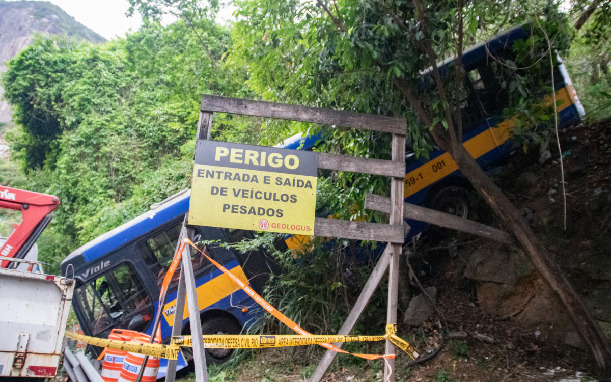 Ônibus escolar despencou de um barranco na entrada do túnel Zuzu Angel no sentido lagoa na manhã desta quarta-feira (15).