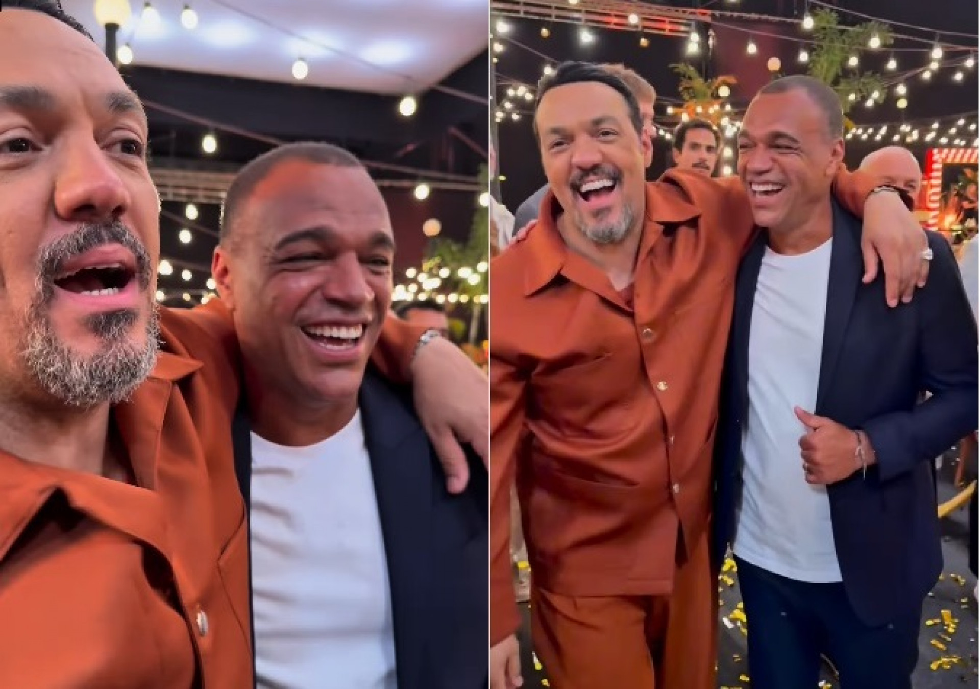 Belo e Denílson abraçados nos bastidores da vinheta de fim de ano da Globo - Reprodução/Instagram 