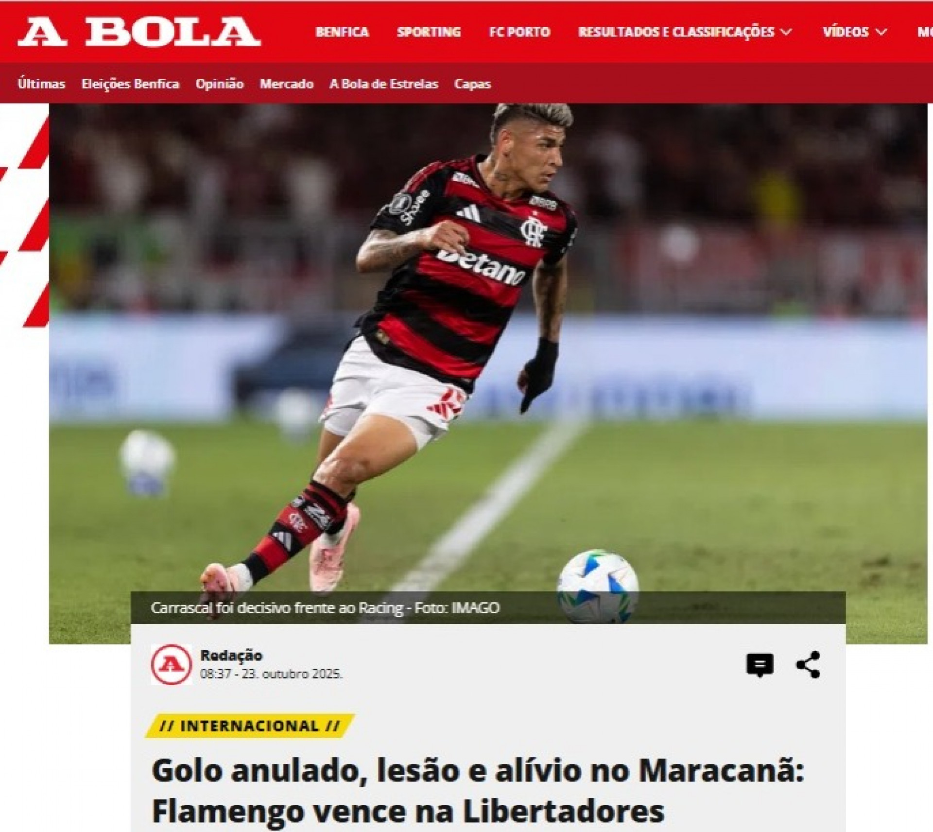 Flamengo venceu o Racing pela Libertadores - Reprodu&ccedil;&atilde;o / A Bola