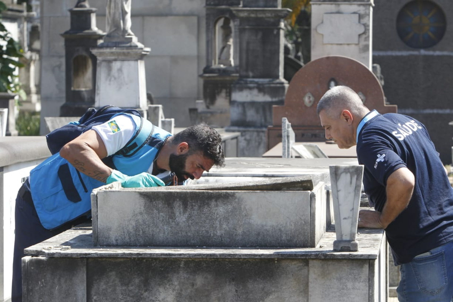 Agentes da Secretaria Municipal de Saúde fazem vistoria contra dengue no Cemitério São Francisco Xavier, no Caju - Reginaldo Pimenta / Agência O Dia