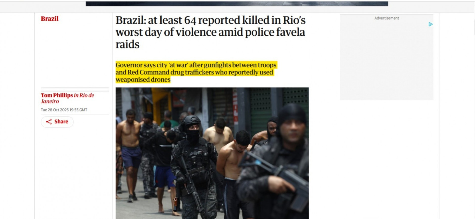 The Guardian, da Inglaterra, noticiou a operação mais letal da história do Rio - Reprodução / Redes Sociais