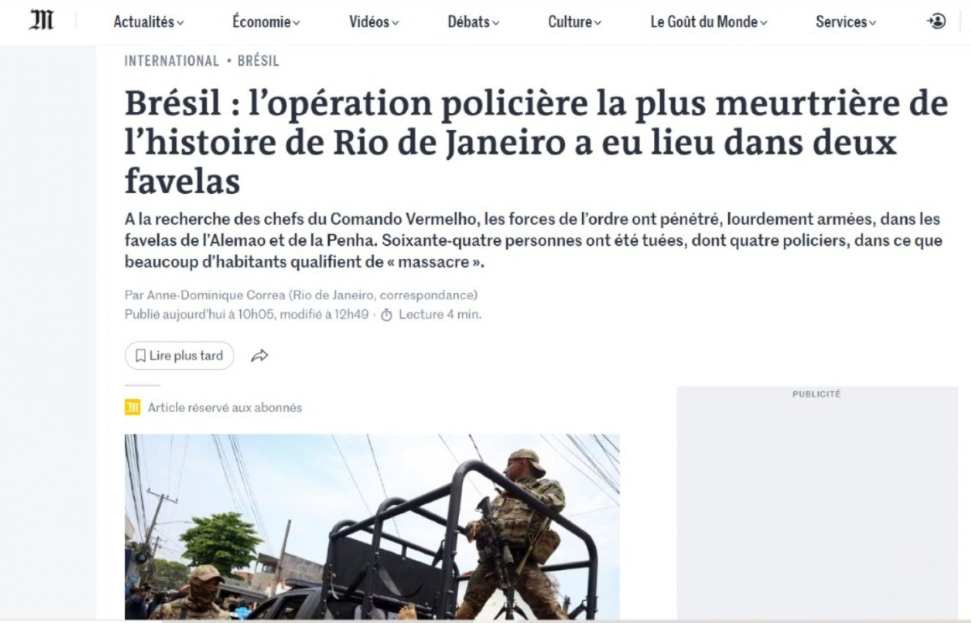 Le Monde, da França, repercutiu megaoperação na Zona Norte - Reprodução / Redes Sociais