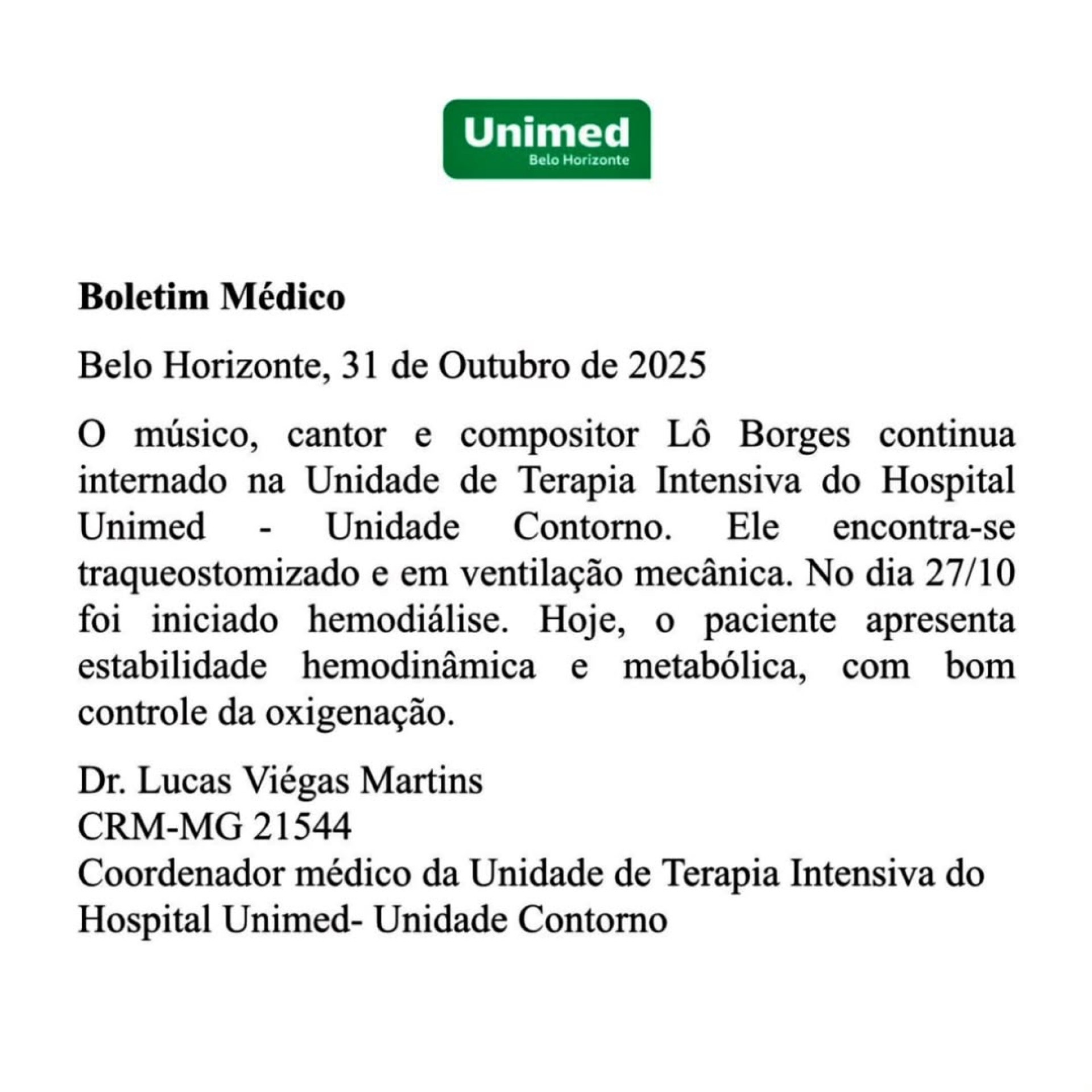 Boletim médico atualizado sobre o estado de saúde de Lô Borges - Reprodução/Instagram