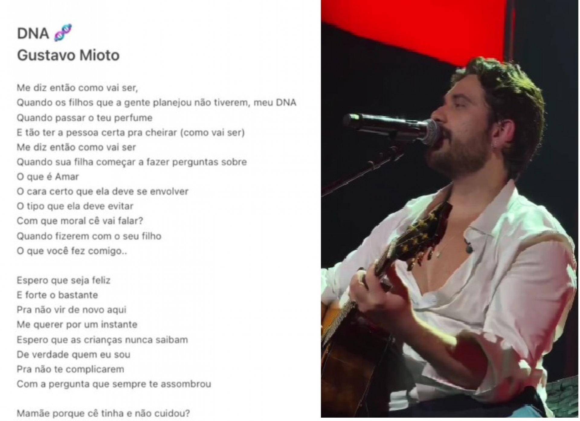 Letra da música de Gustavo Mioto chamada 'DNA' - Reprodução / X