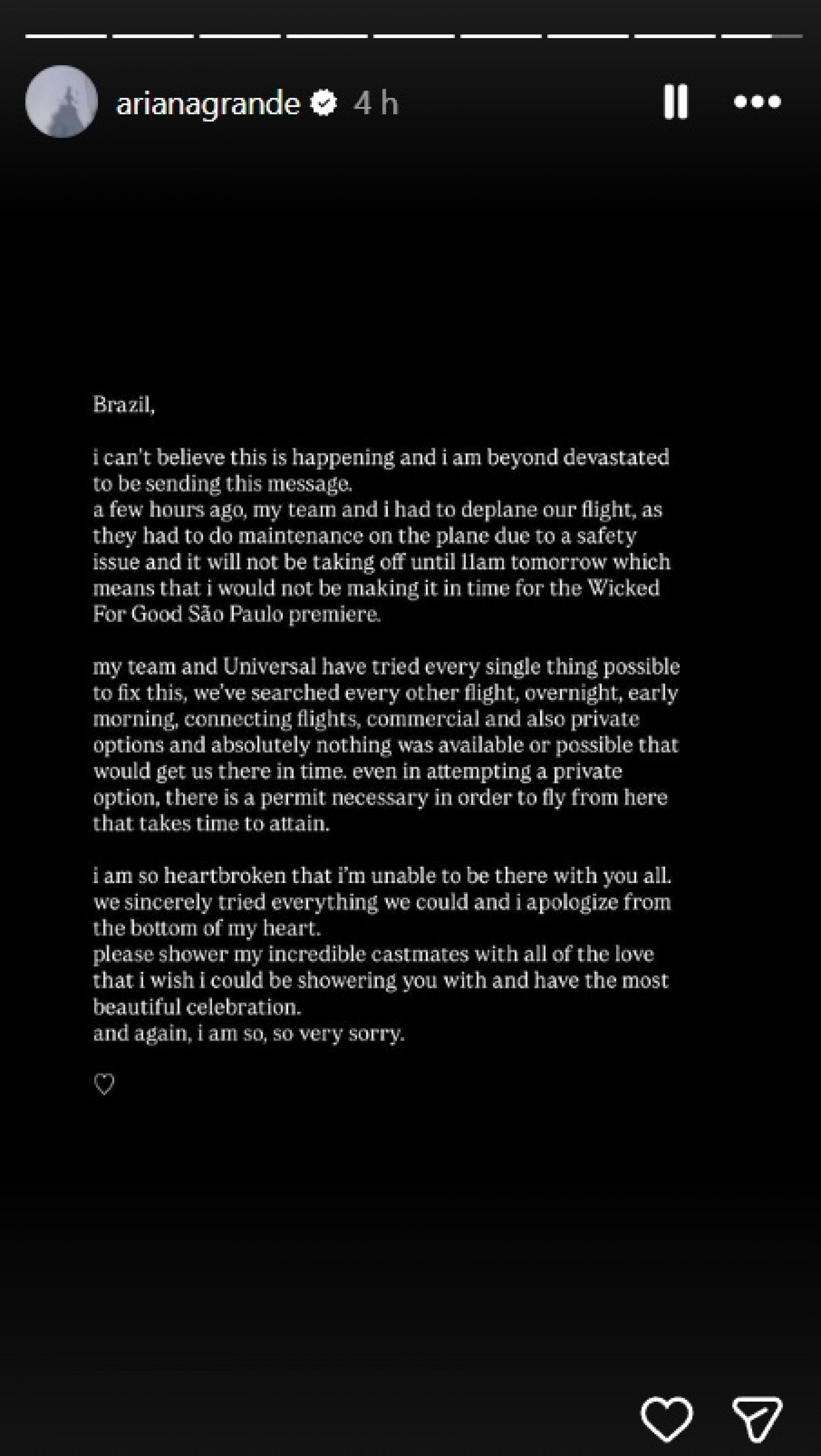 Recado de Ariana Grande aos fãs - Reprodução / Instagram