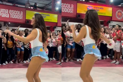 Juliana Paes brilha de body branco e short jeans em ensaio da Viradouro