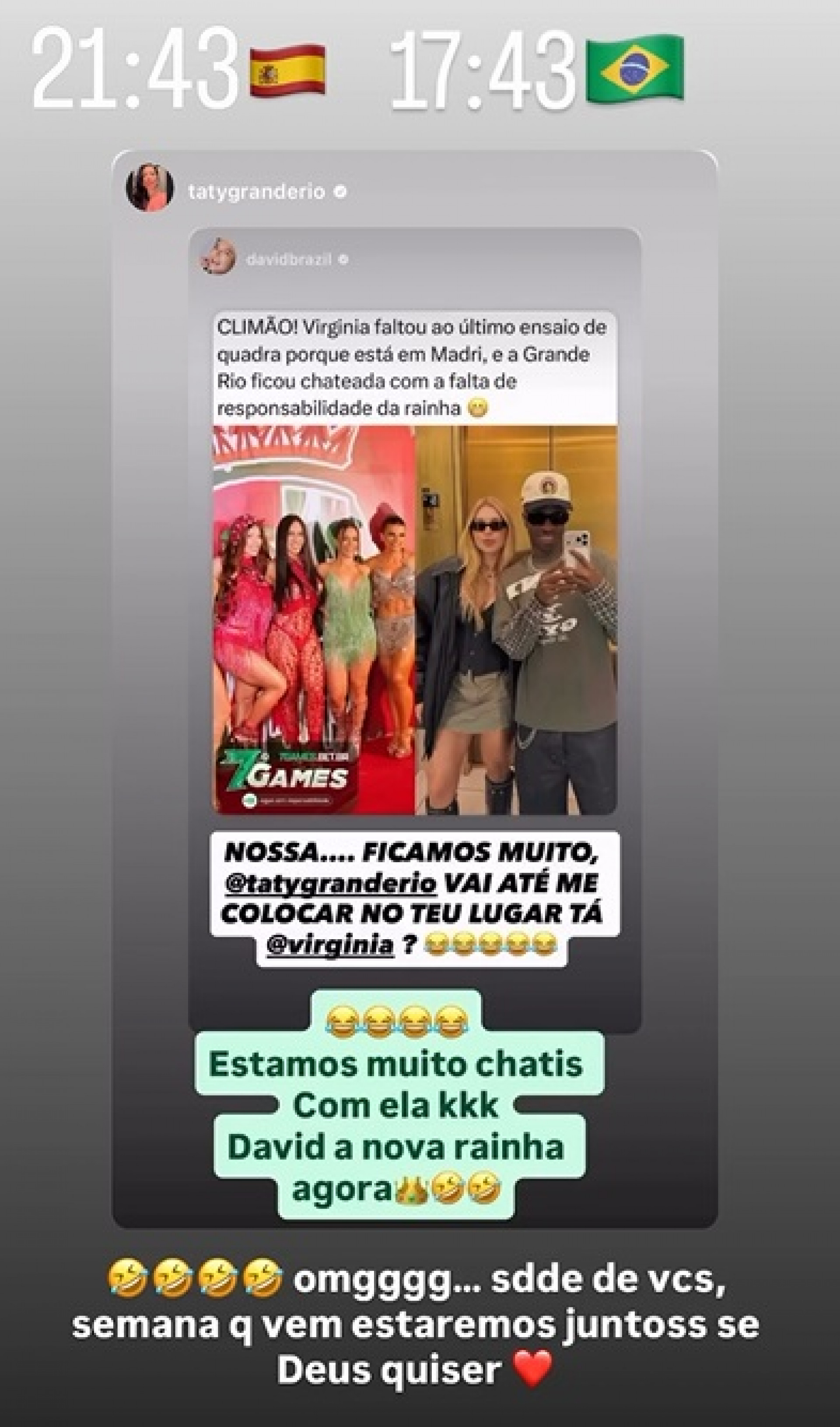 Virginia, rainha de bateria da Grande Rio, ironizou ausência no ensaio  - Reprodução/Instagram 