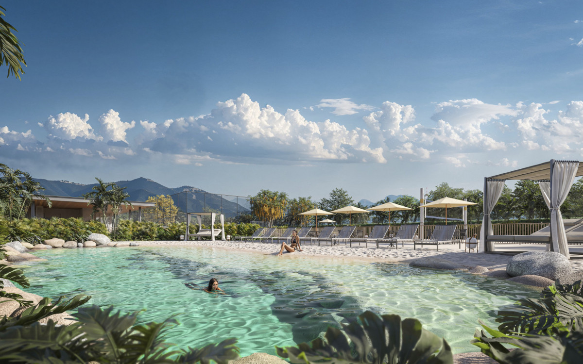 Residencial na Barra terá piscina natural com areia e pedra para criar um ambiente de praia particular