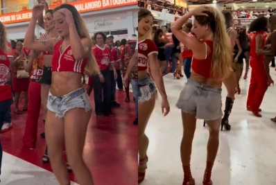 Bruna Griphao eleva temperatura em ensaio do Salgueiro com look vermelho e microshort