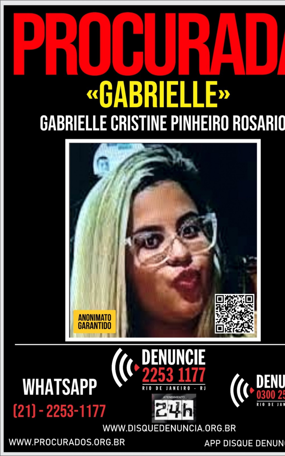 Cartaz do Disque Denúncia por informações sobre Gabrielle Cristine Pinheiro Rosário, de 22 anos - Reprodução