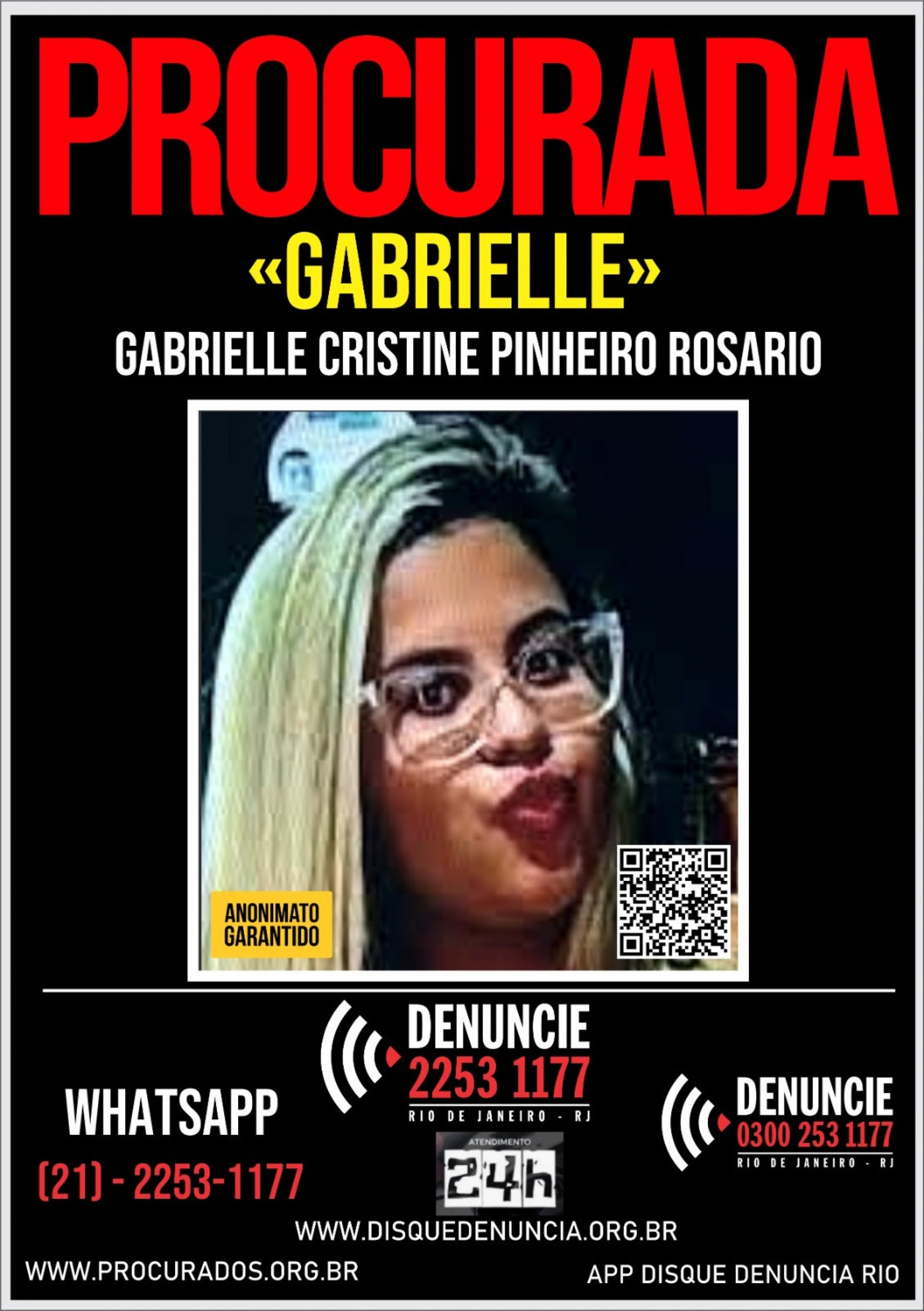 Cartaz do Disque Denúncia por informações sobre Gabrielle Cristine Pinheiro Rosário, de 22 anos - Reprodução