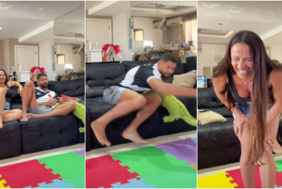 Viviane Araujo assusta o marido, que cai do sofá, e dá risada da situação