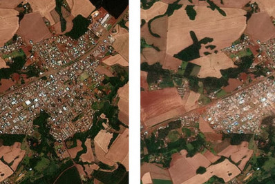 Imagens de satélite registram cidade no Paraná antes e depois da passagem de tornado
