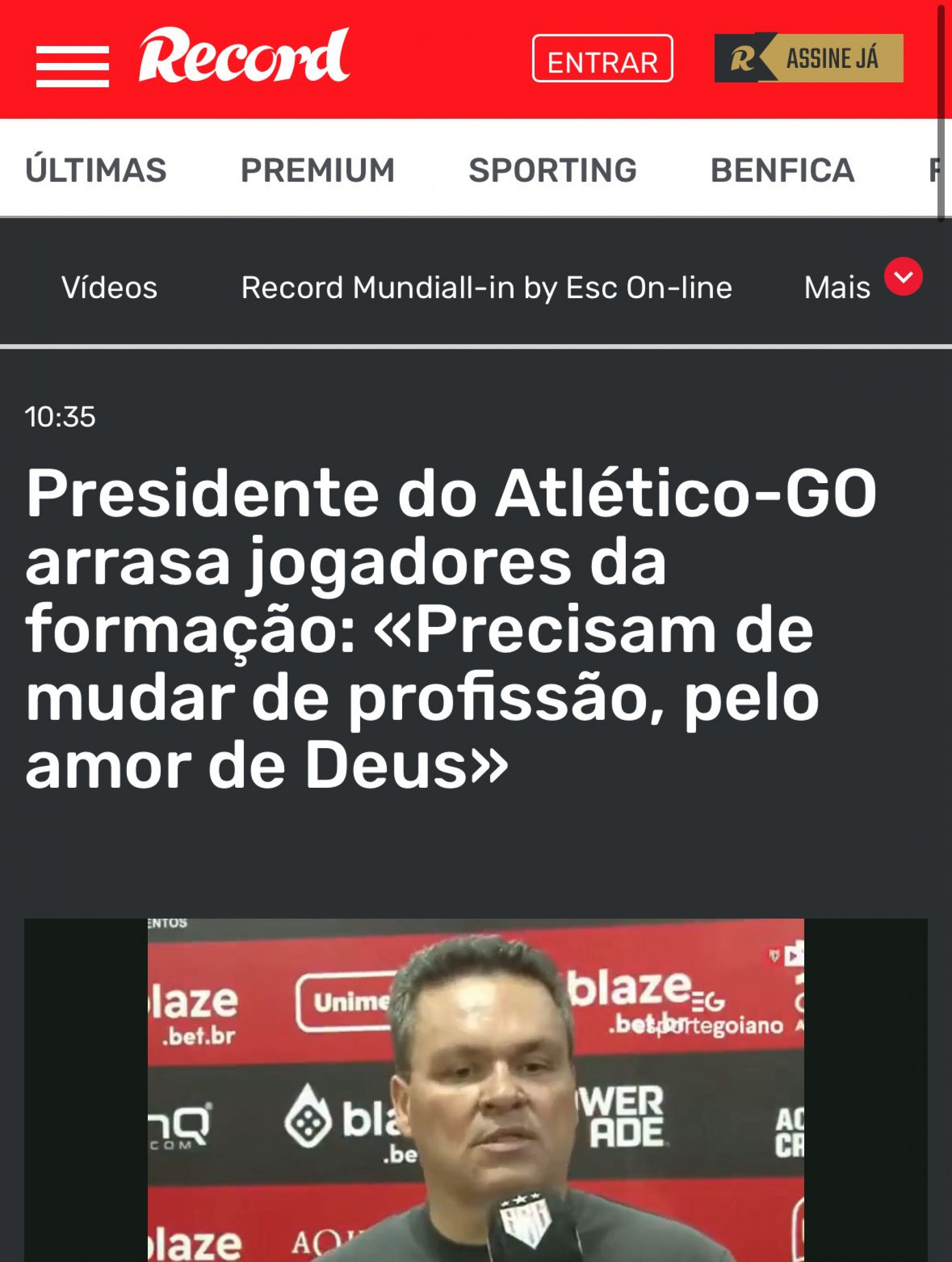 O jornal portugu&ecirc;s Record repercutiu as declara&ccedil;&otilde;es de Adson Batista - Reprodu&ccedil;&atilde;o/Record