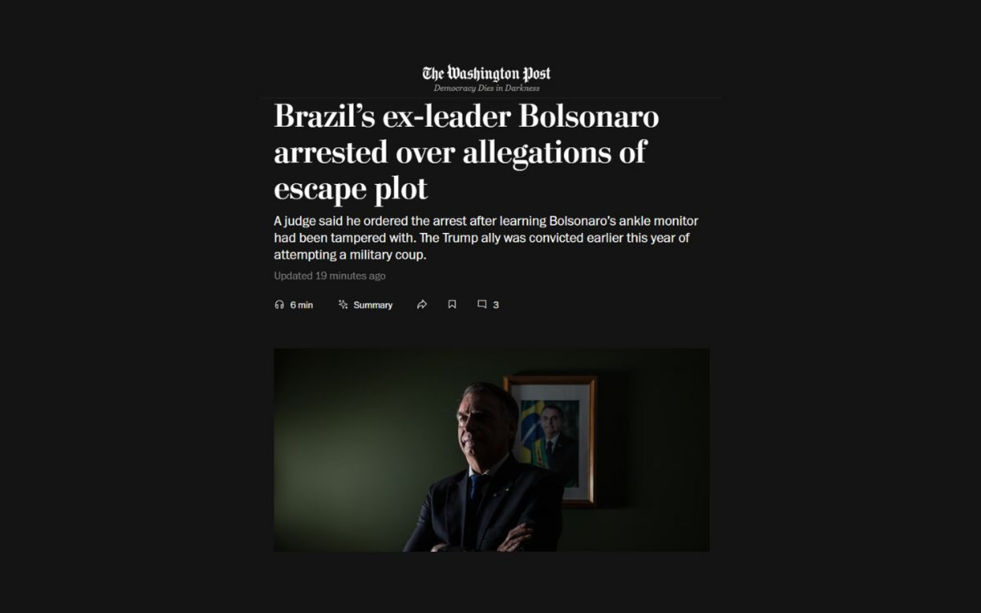 Ex-presidente do Brasil, Bolsonaro foi preso sob alegações de conspiração para fuga - The Washington Post, dos Estados Unidos
 - Reprodução