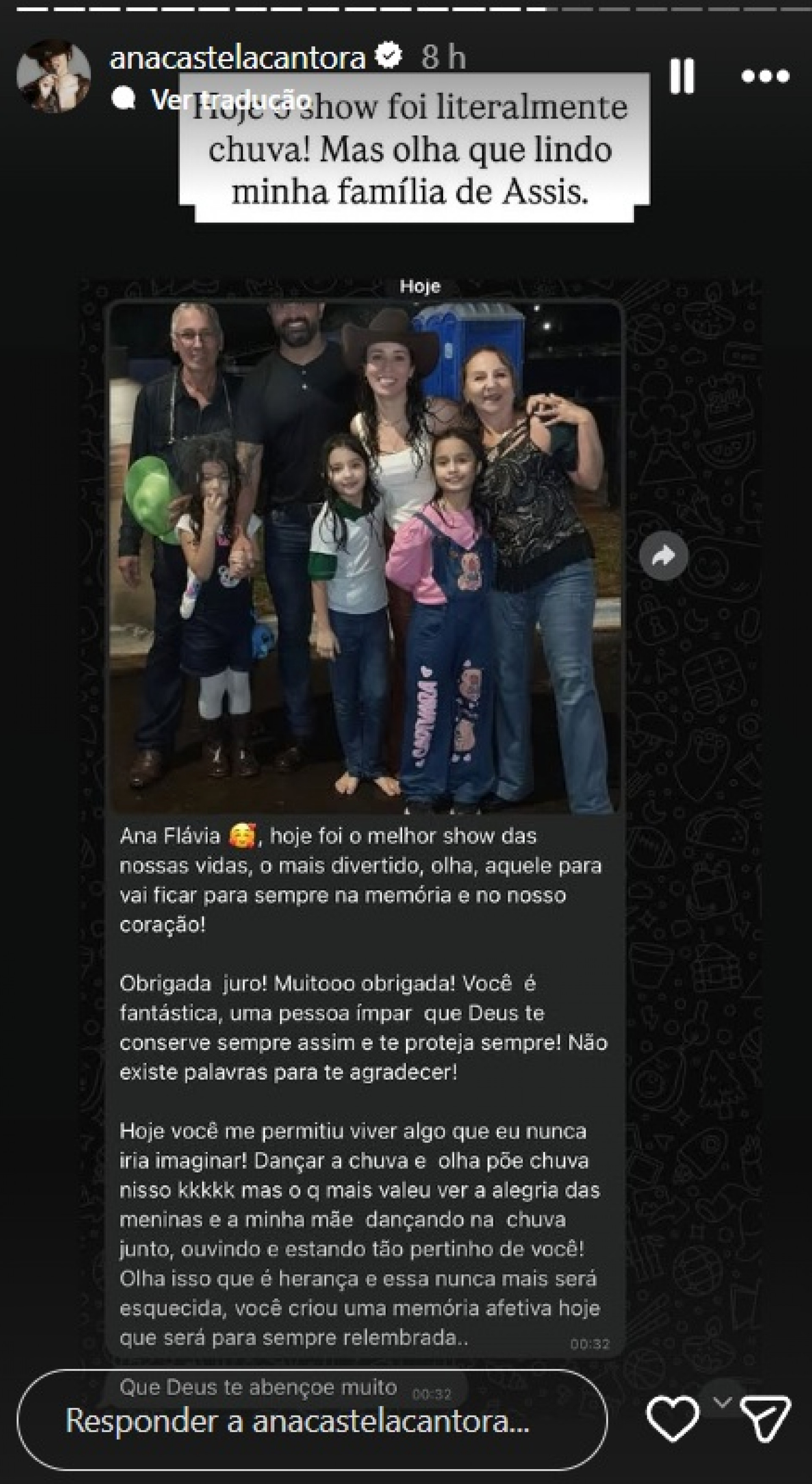 Mensagem da família de Ana Castela via WhatsApp - Reprodução / Instagram