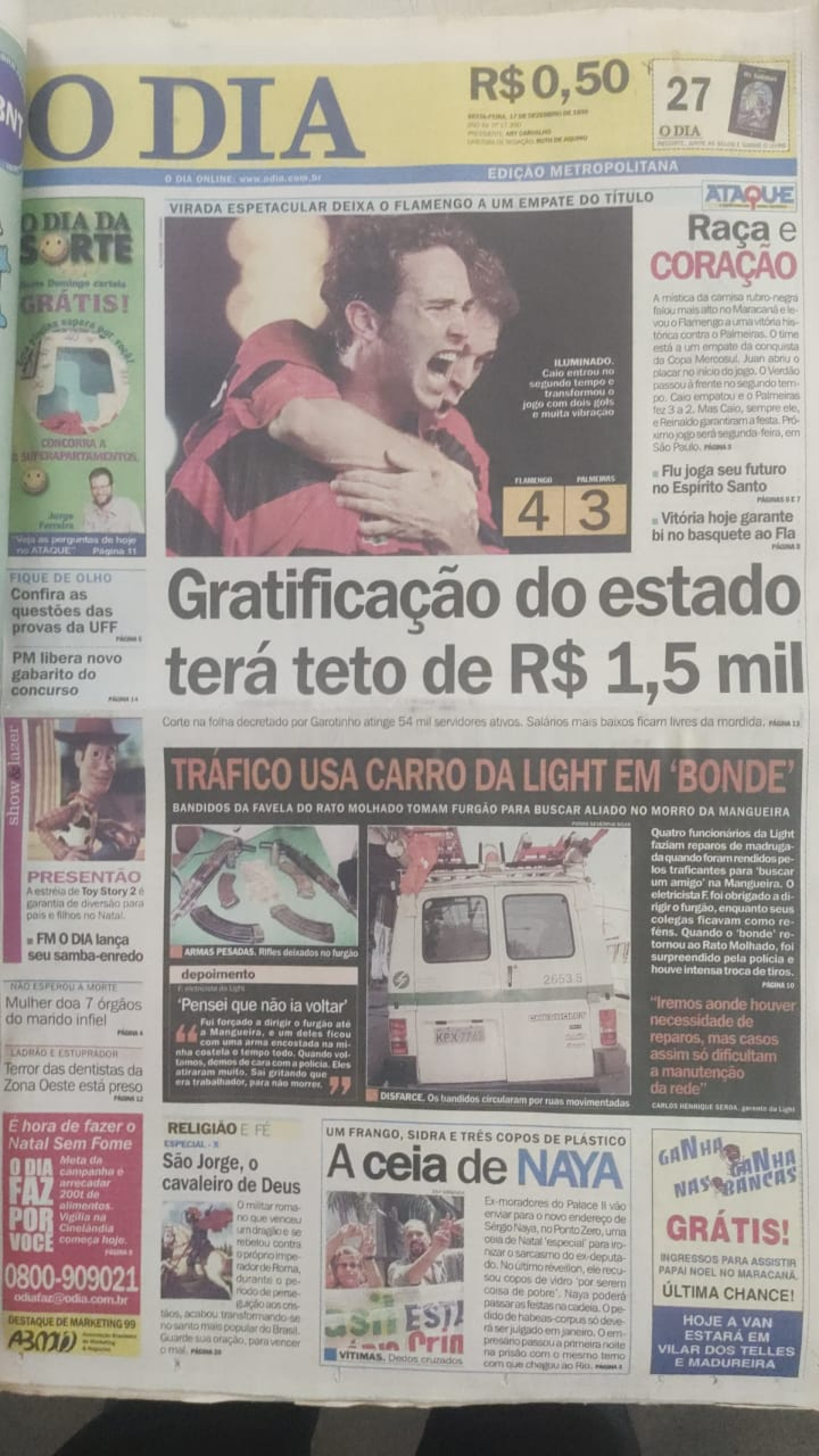 Jornal O Dia destacou a final da Copa Mercosul de 1999, conquistada pelo Flamengo sobre o Palmeiras - Reprodução / Jornal O Dia