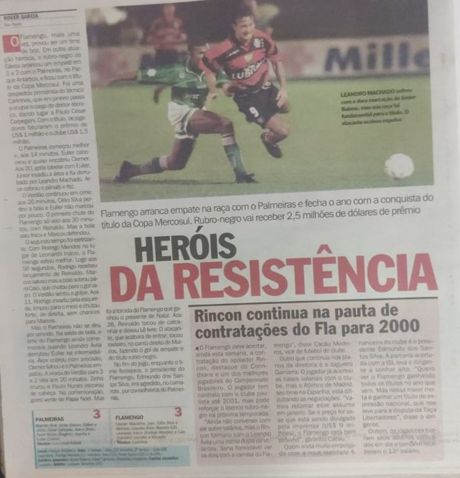 Jornal O Dia destacou a final da Copa Mercosul de 1999, conquistada pelo Flamengo sobre o Palmeiras - Reprodução / Jornal O Dia