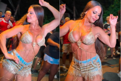 Vídeo: De top e shortinho, Viviane Araujo se esbalda em ensaio de rua do Salgueiro