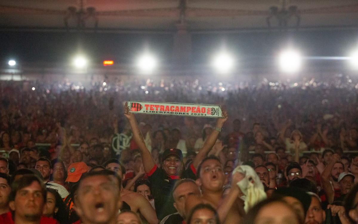 Torcedores do Flamengo comemorando a conquista do titulo da Libertadores da America  no estadio do Maracanã, neste sábado(29).