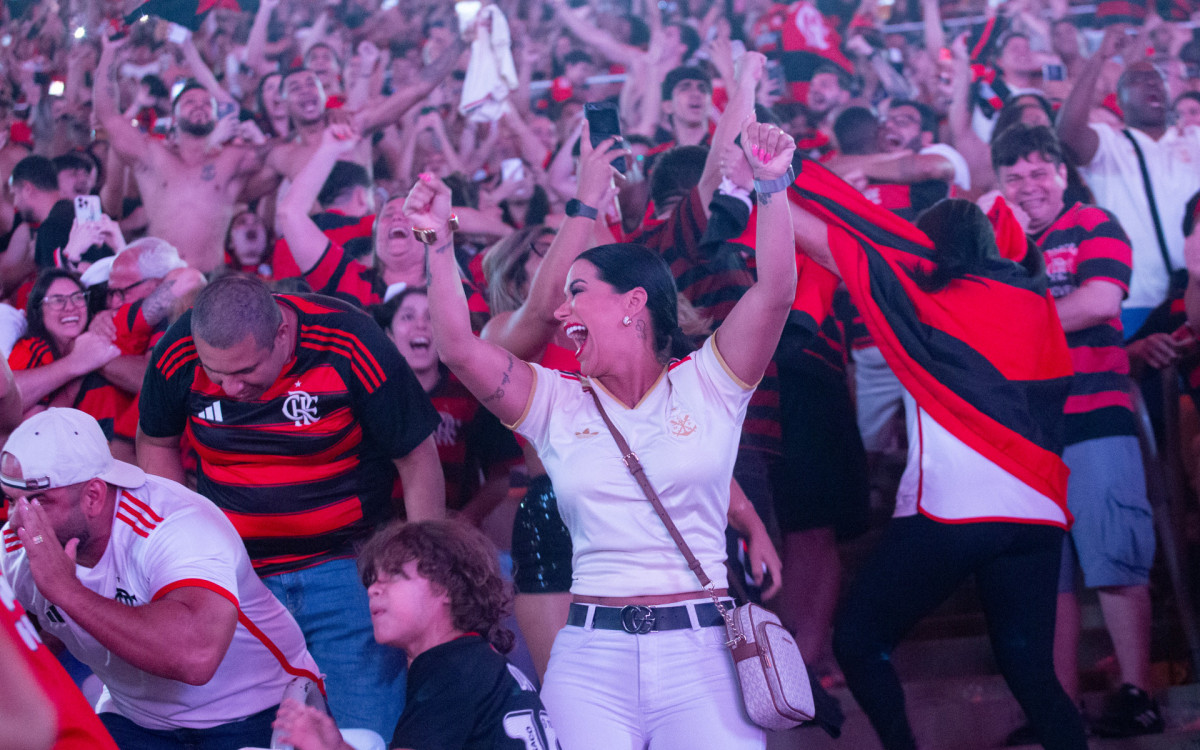 Torcedores do Flamengo comemorando a conquista do titulo da Libertadores da America  no estadio do Maracanã, neste sábado(29).