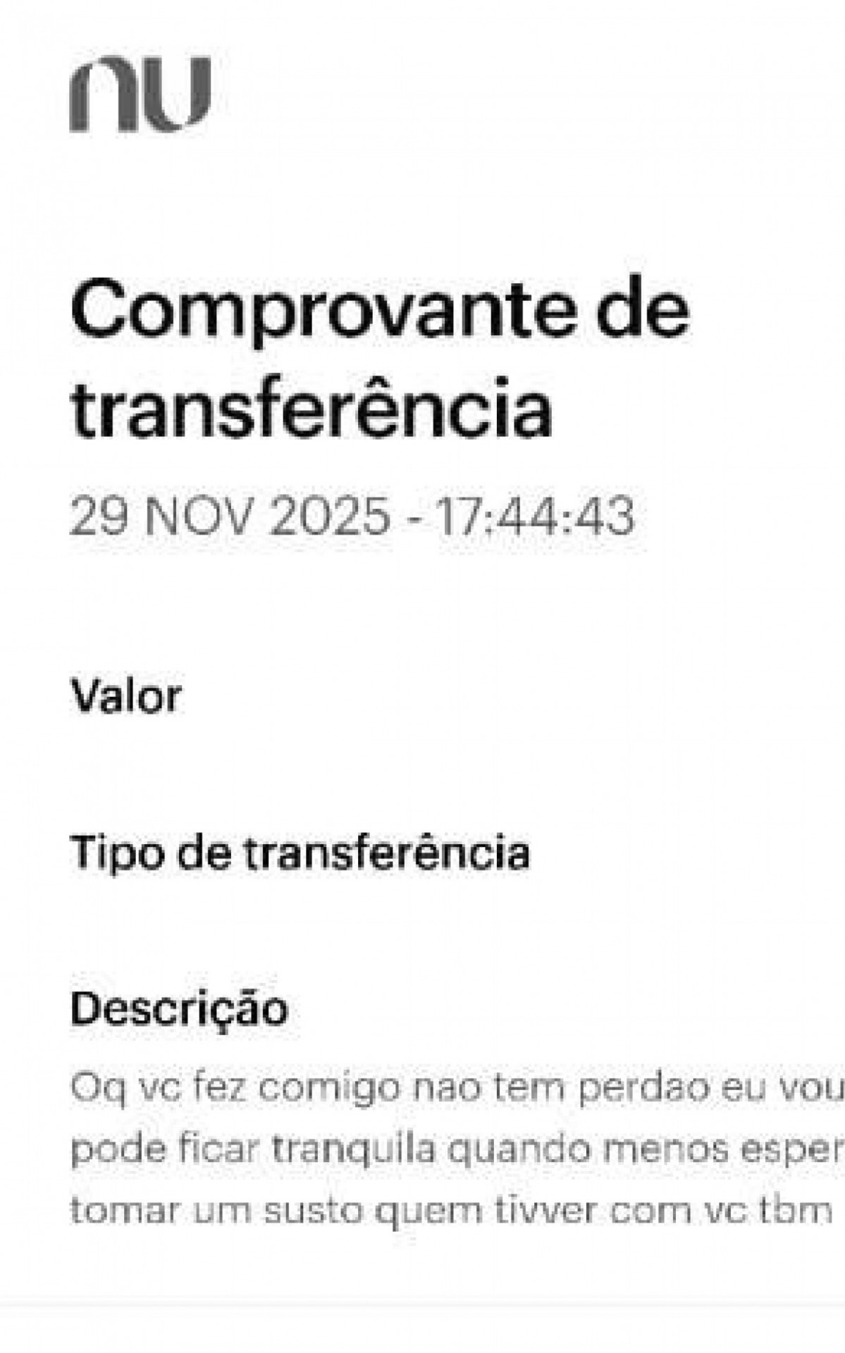 Pix com descrição de ameaça enviado para a vítima - Divulgação