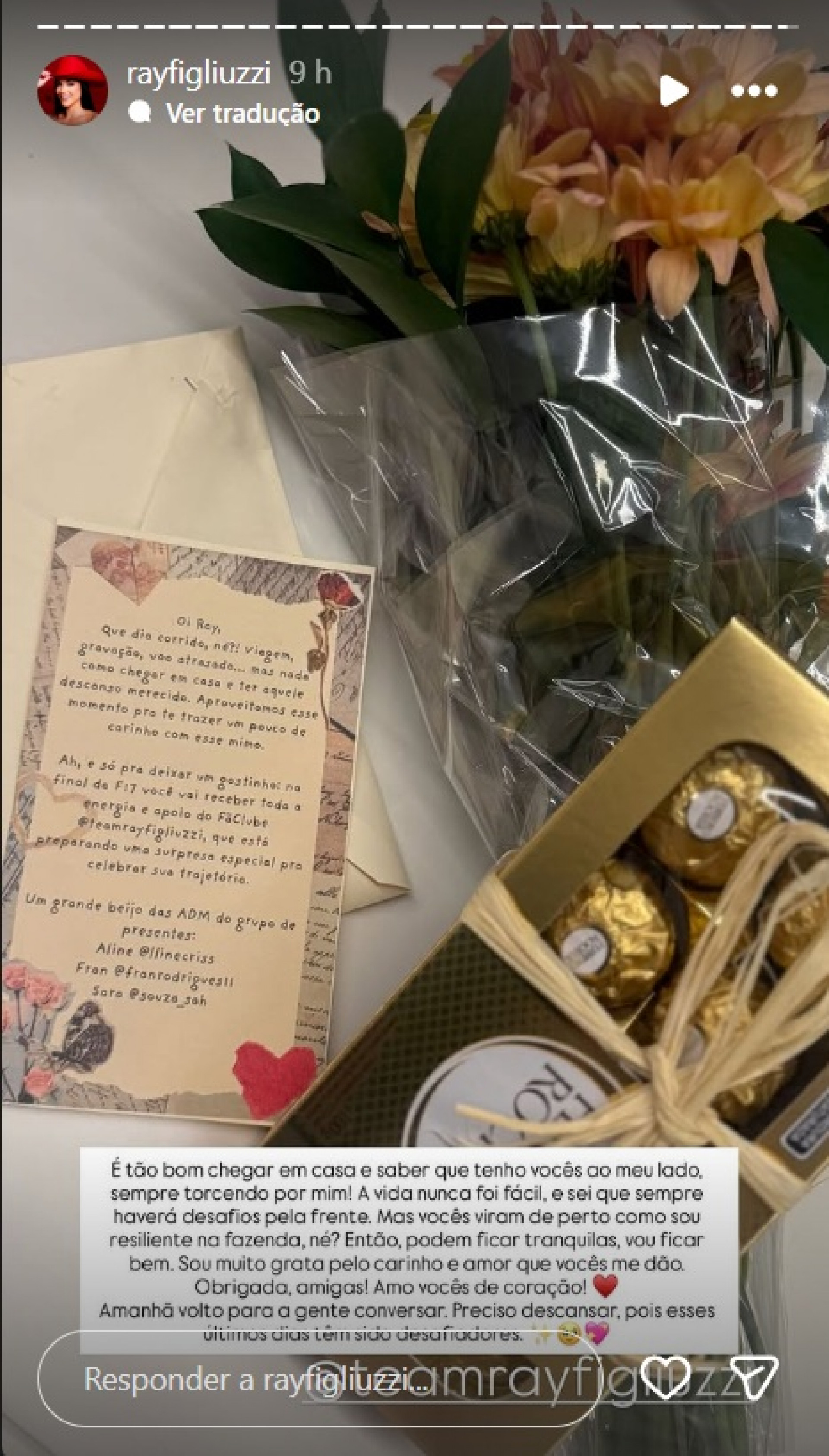 Publicação de Rayane Figliuzzi em agradecimento ao mimo dos fãs - Reprodução / Instagram