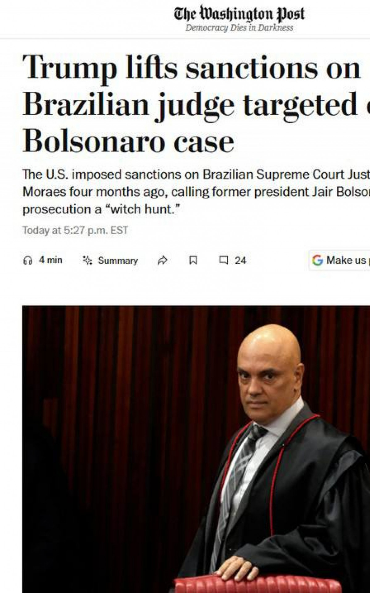 Imprensa internacional repercute retirada de Moraes lei magnitsky - Reprodu&ccedil;&atilde;o