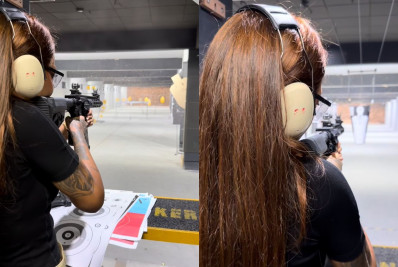 Ludmilla faz aula de tiro: 'Meu defeito'