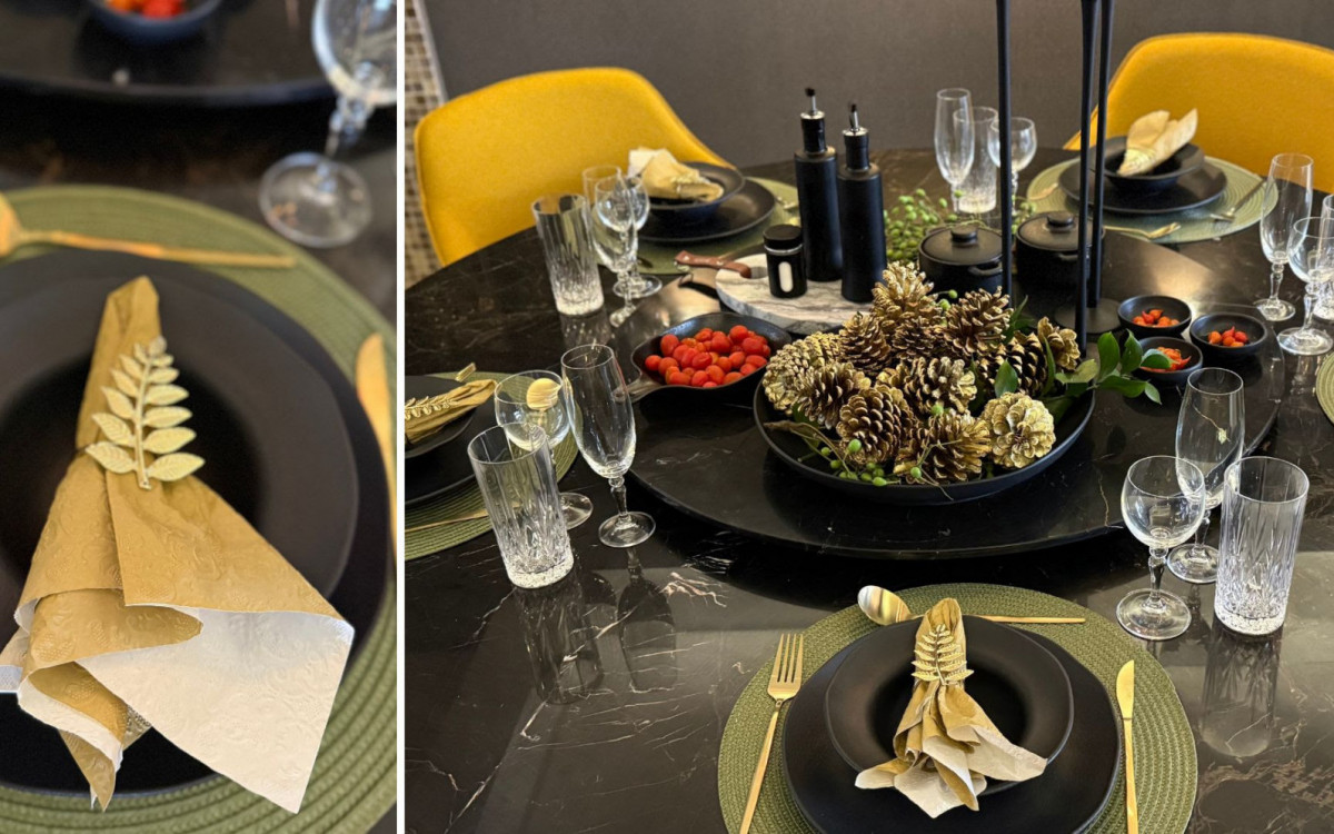Contraste entre o preto e o dourado atribui um toque contemporâneo para as ceias