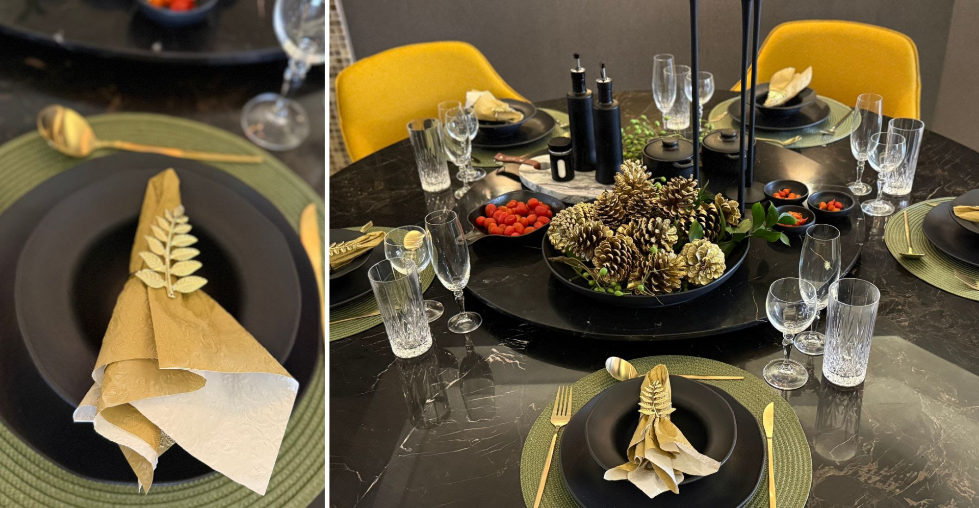 Contraste entre o preto e o dourado atribui um toque contempor&acirc;neo para as ceias - Dan Brunini