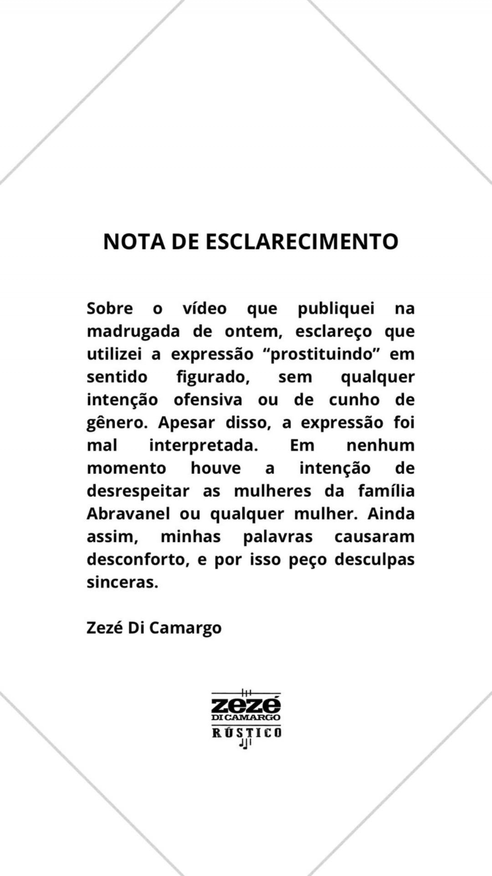 Pedido de desculpas publicado por Zezé Di Camargo nas redes sociais  - Reprodução/Instagram 