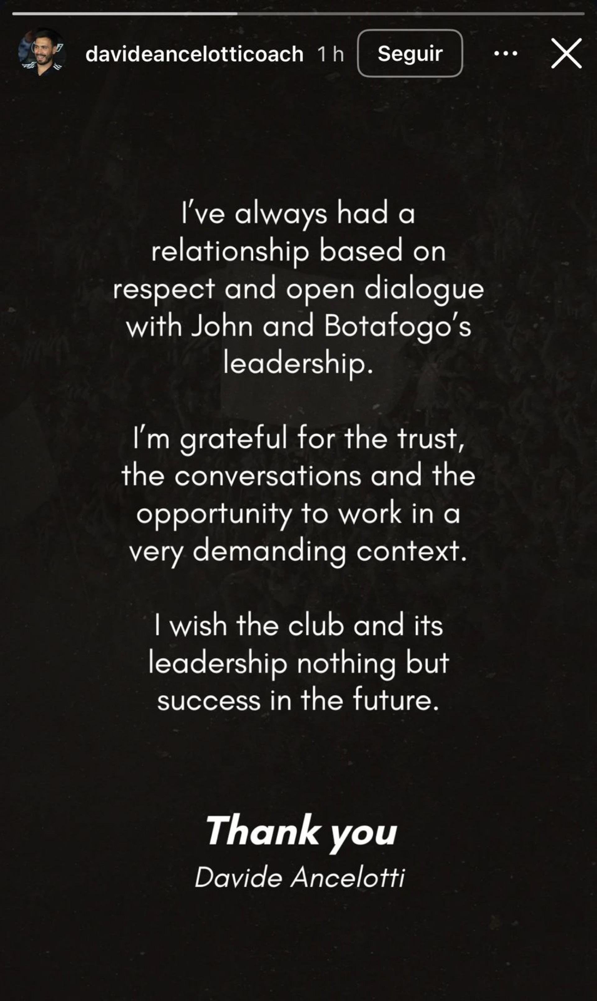 Publica&ccedil;&atilde;o de Davide Ancelotti no story do Instagram - Reprodu&ccedil;&atilde;o/Instagram @davideancelotticoach