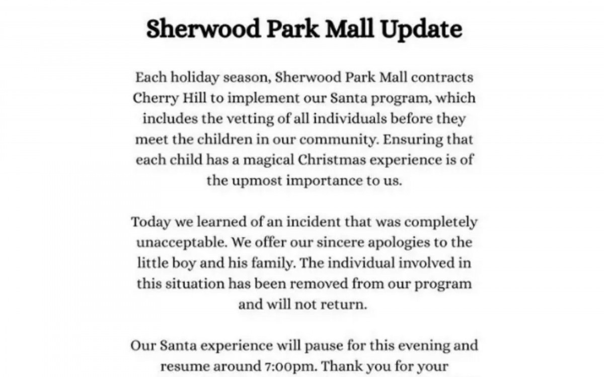 Shopping Sherwood Park Mall emitiu nota se desculpando após caso de violência envolvendo Papai Noel