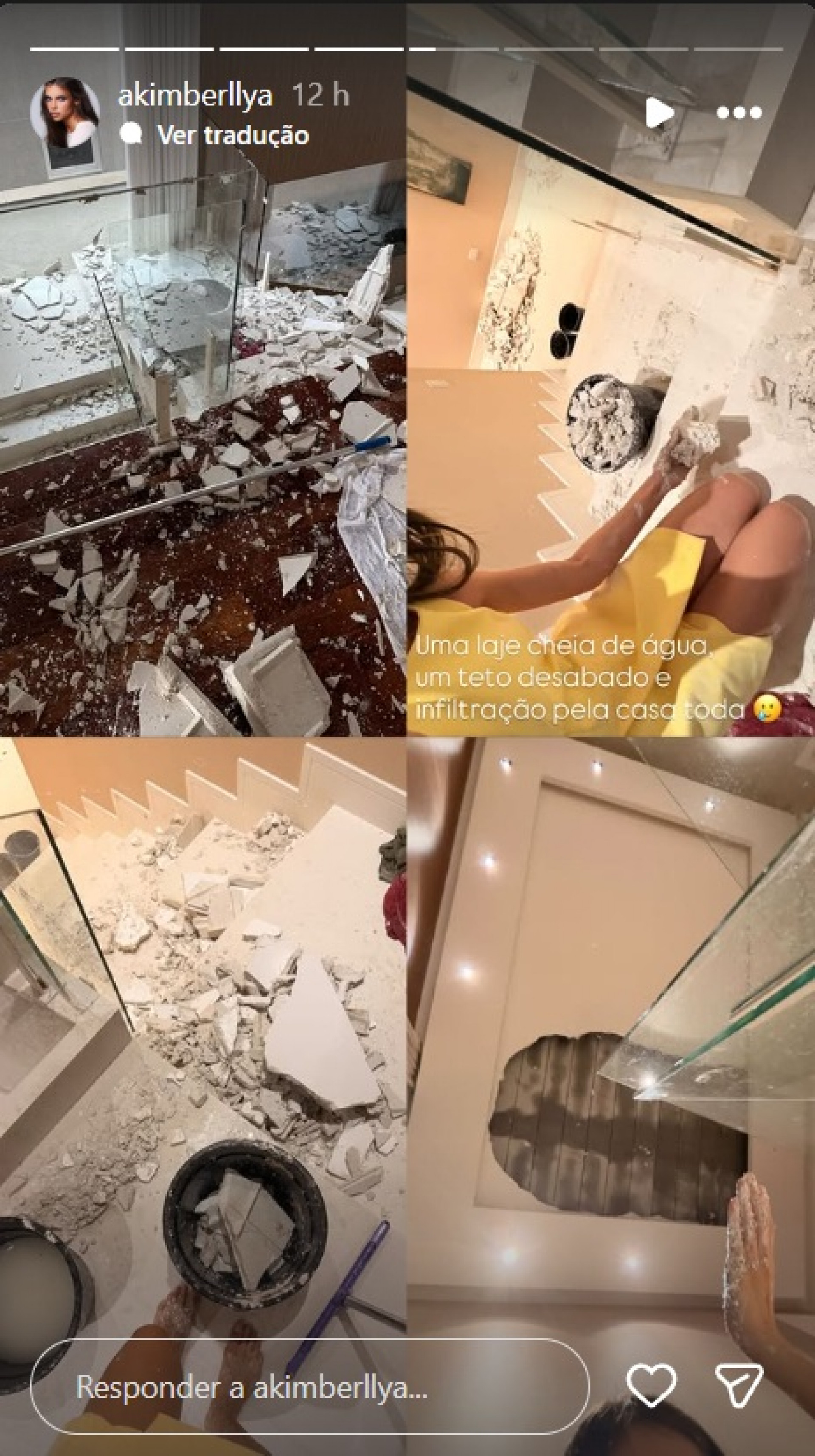 Montagem de Amanda Kimberlly com imagens mostrando o estrago do desabamento do teto - Reprodução / Instagram