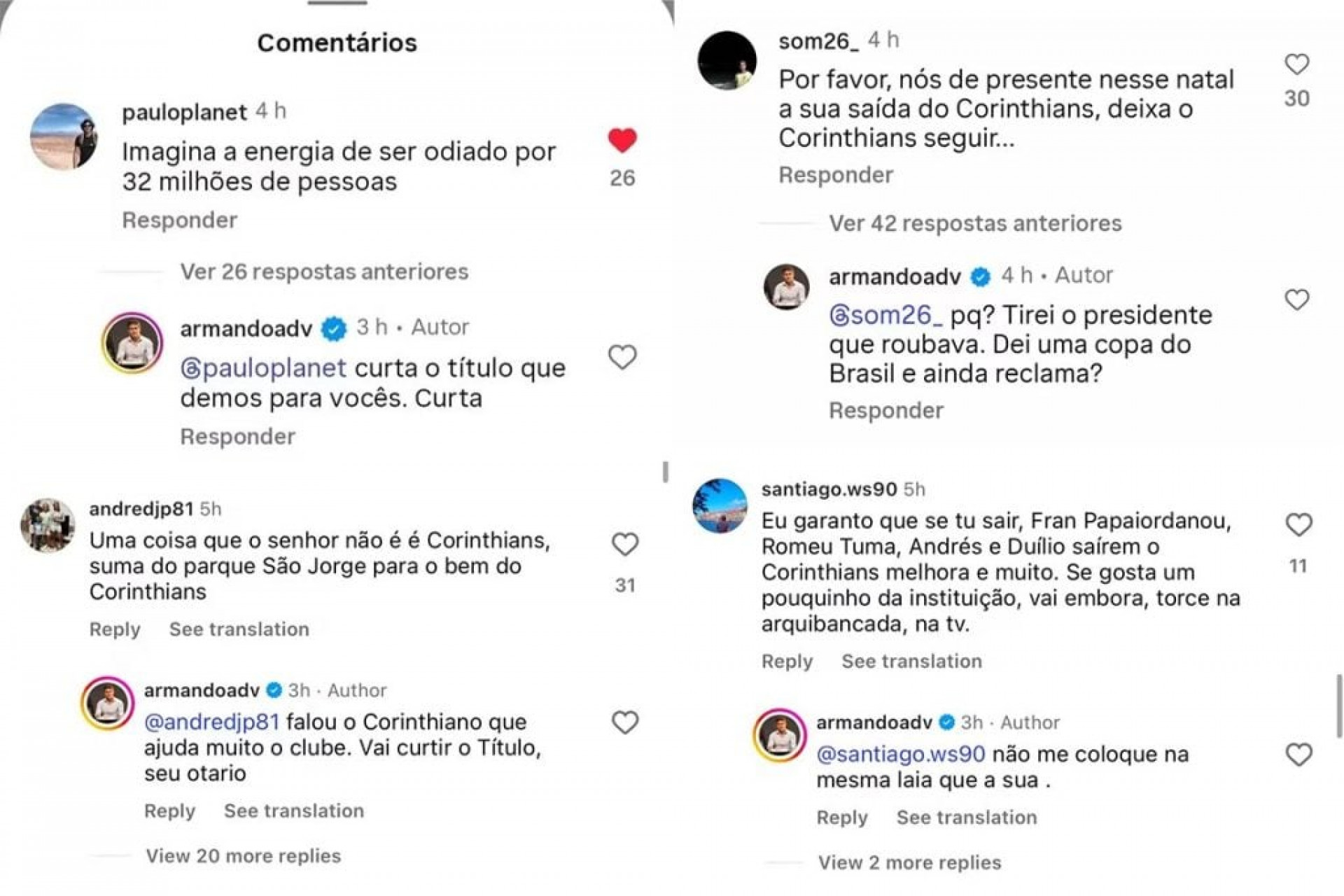 Vice-presidente do Corinthians ofende torcedores nas redes sociais: “Seu ot&aacute;rio”