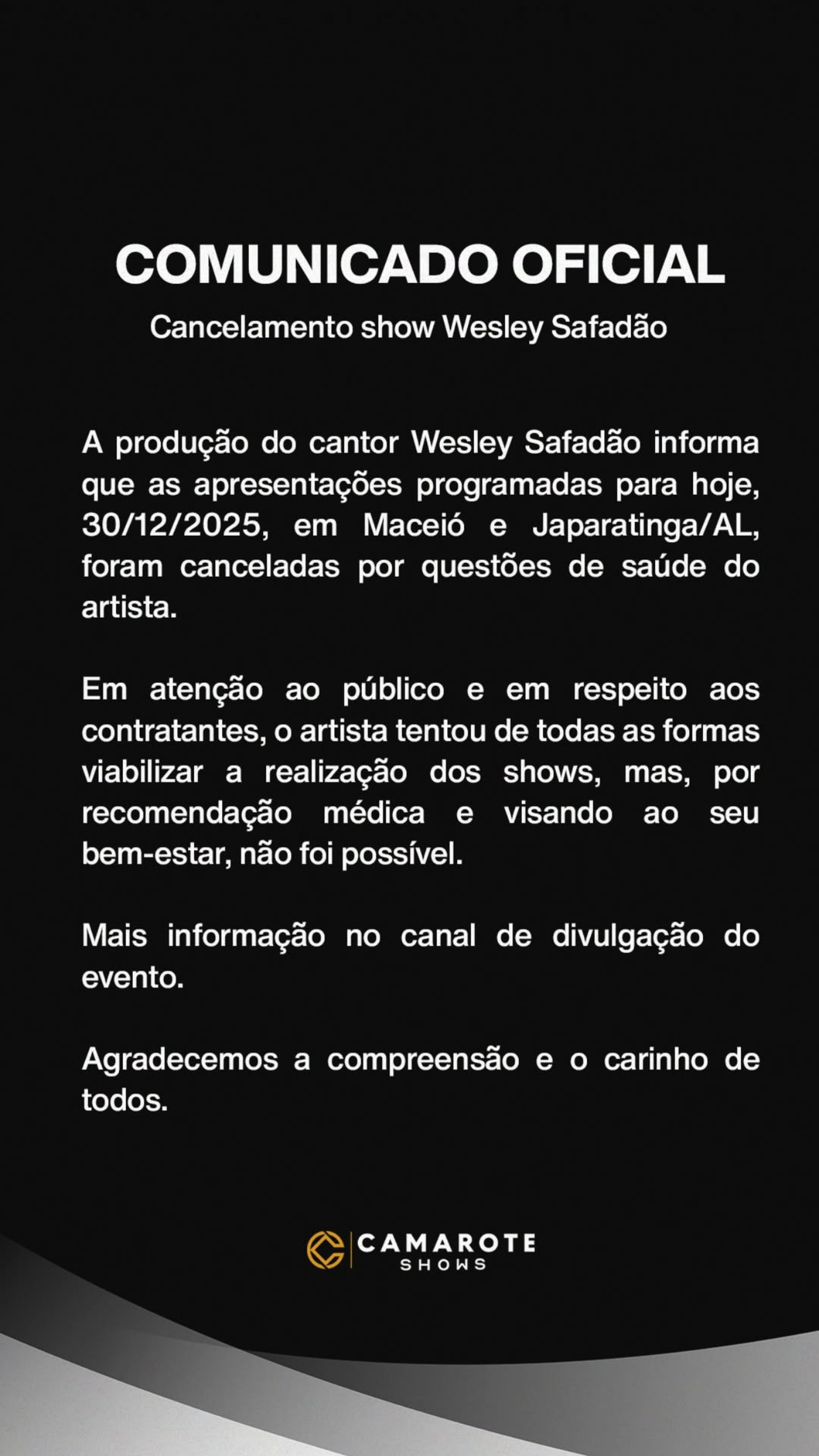 Equipe de Wesley Safadão emitiu nota sobre cancelamento das apresentações - Reprodução/Instagram