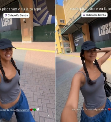 Alane Dias visita barracão da Grande Rio: 'Carnaval começou'