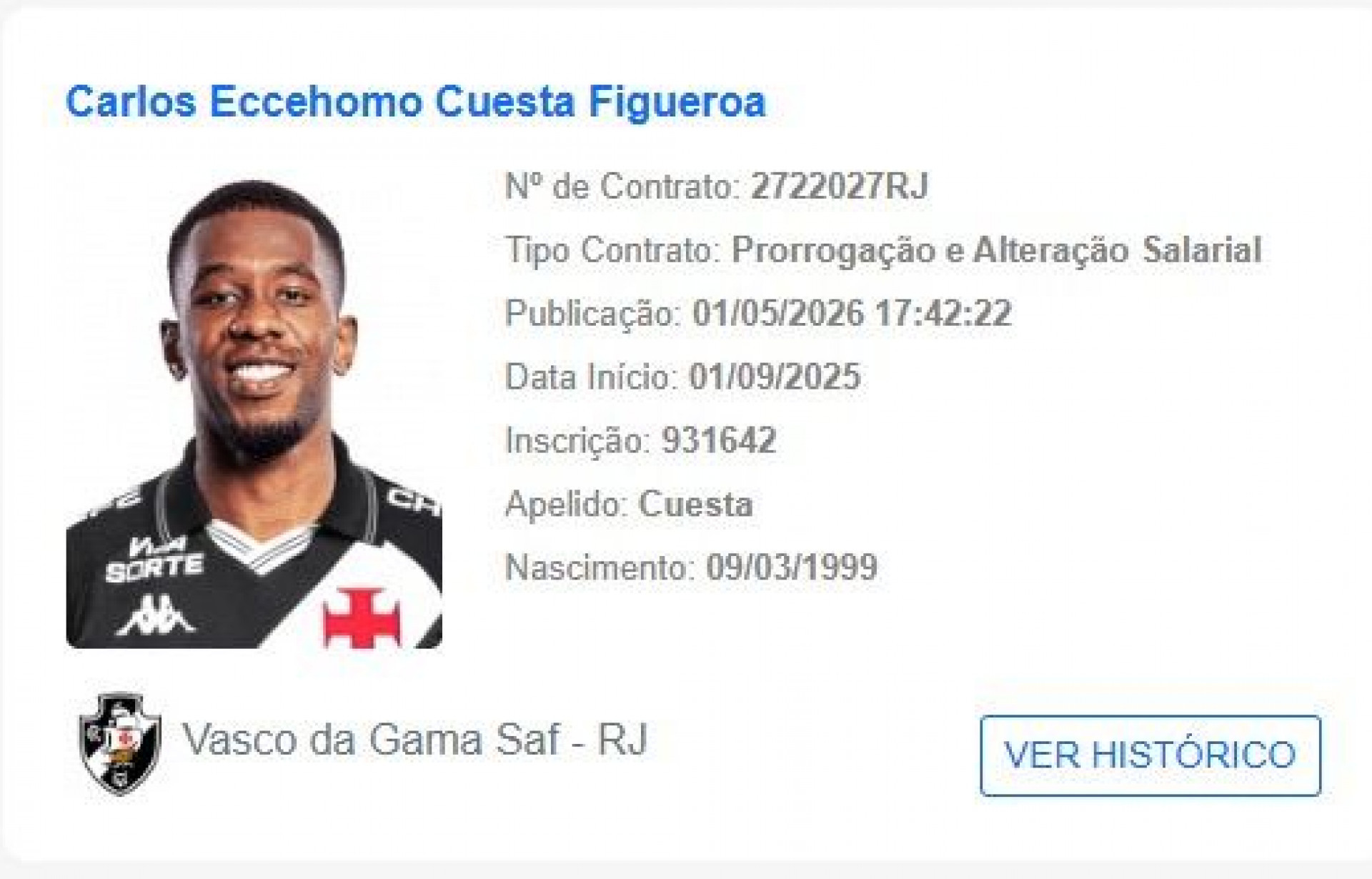 Renova&ccedil;&atilde;o do empr&eacute;stimo de Cuesta com o Vasco no BID - Reprodu&ccedil;&atilde;o/CBF