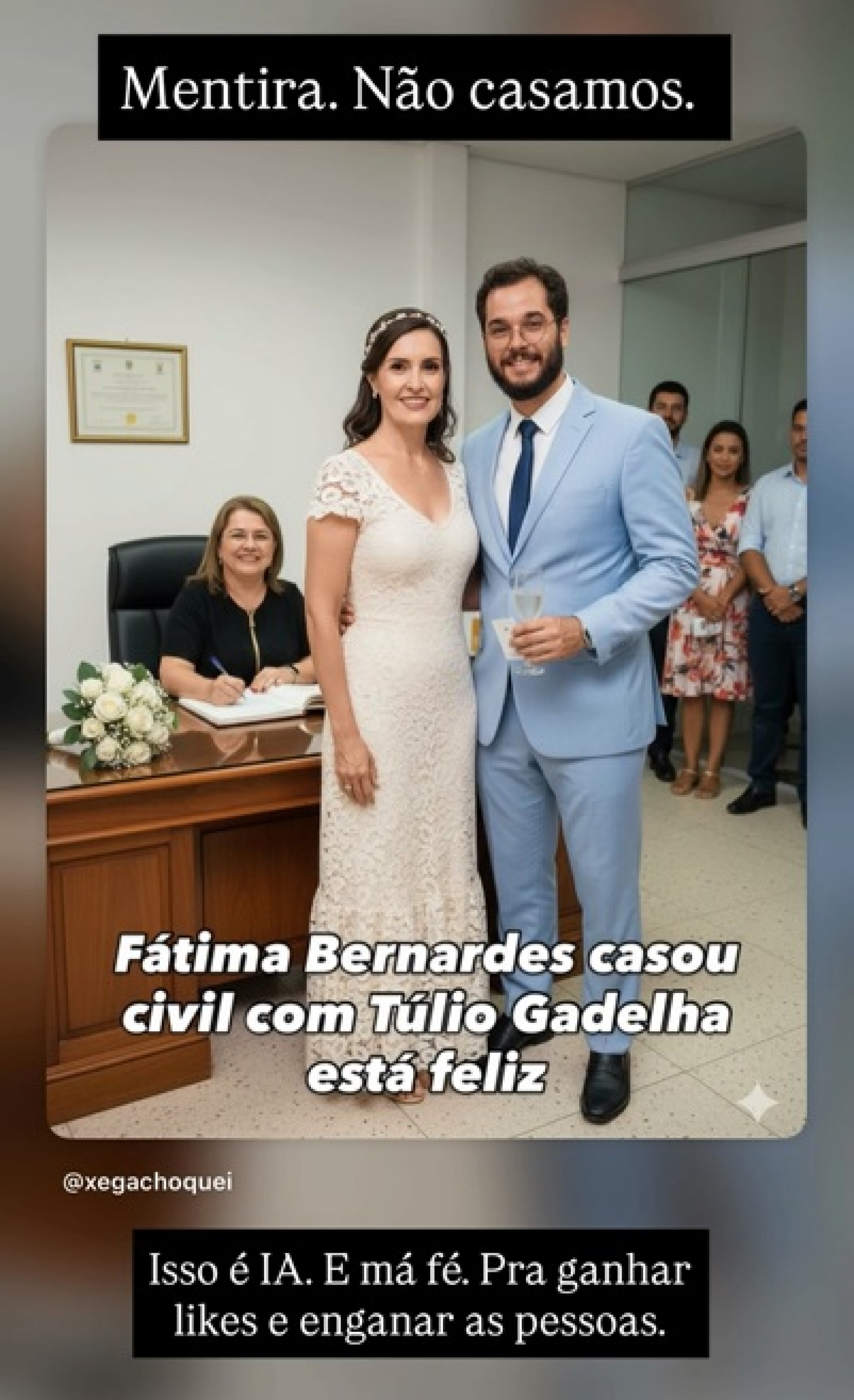 F&aacute;tima Bernardes reclamou de imagem de IA de suposto casamento com T&uacute;lio Gad&ecirc;lha  - Reprodu&ccedil;&atilde;o/Instagram 