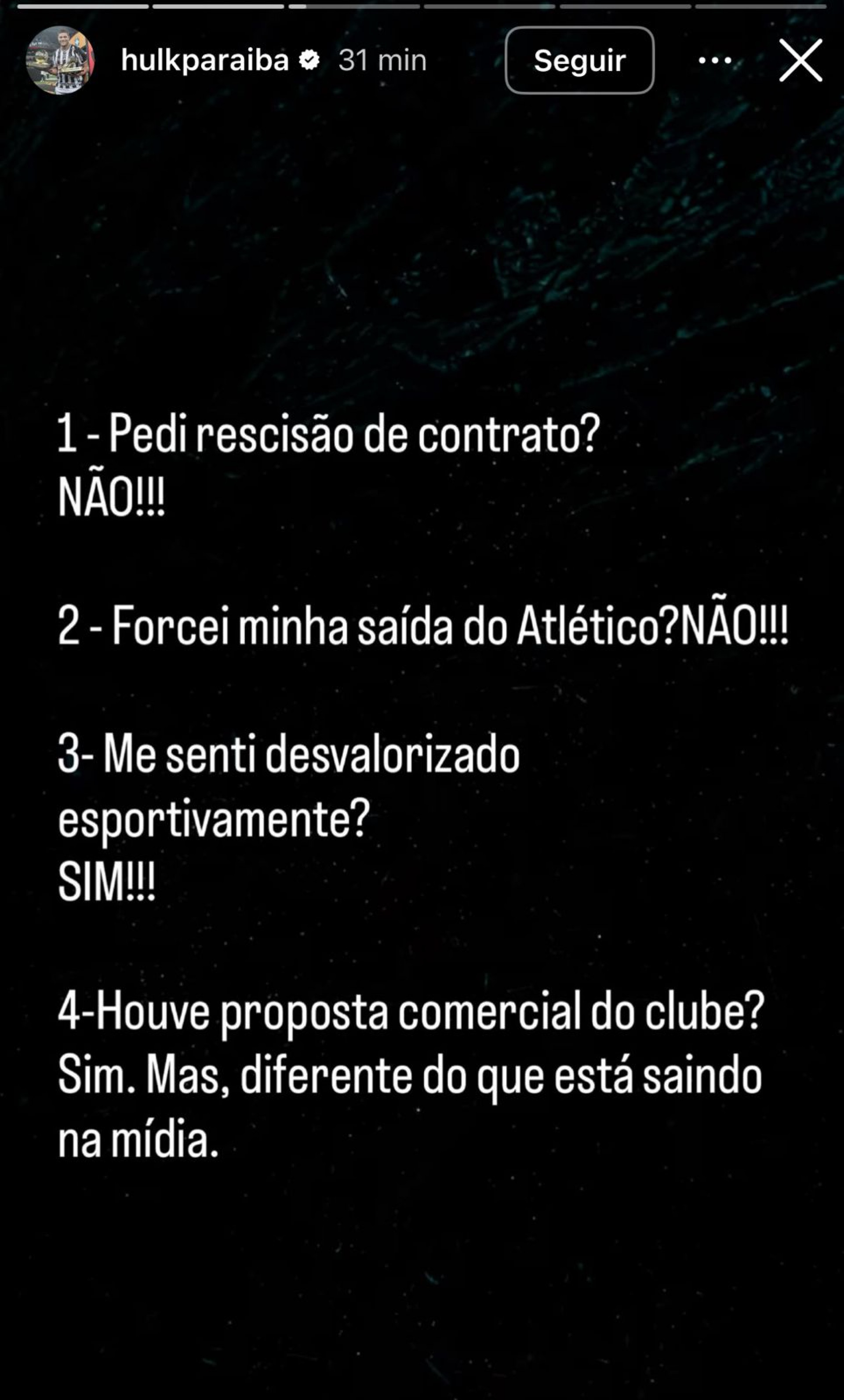 Publica&ccedil;&atilde;o de Hulk nos stories do Instagram - Reprodu&ccedil;&atilde;o/Instagram @hulkparaiba