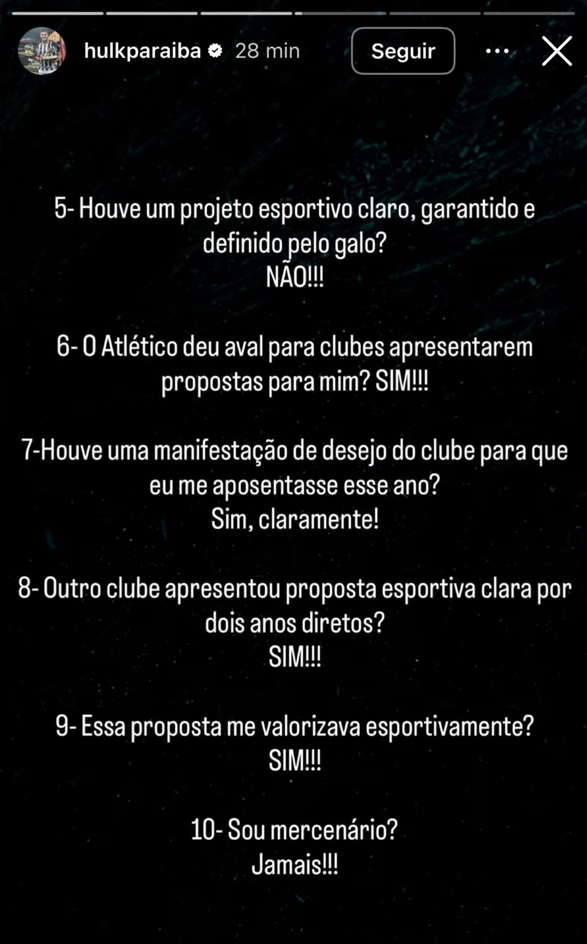 Publica&ccedil;&atilde;o de Hulk nos stories do Instagram - Reprodu&ccedil;&atilde;o/Instagram @hulkparaiba