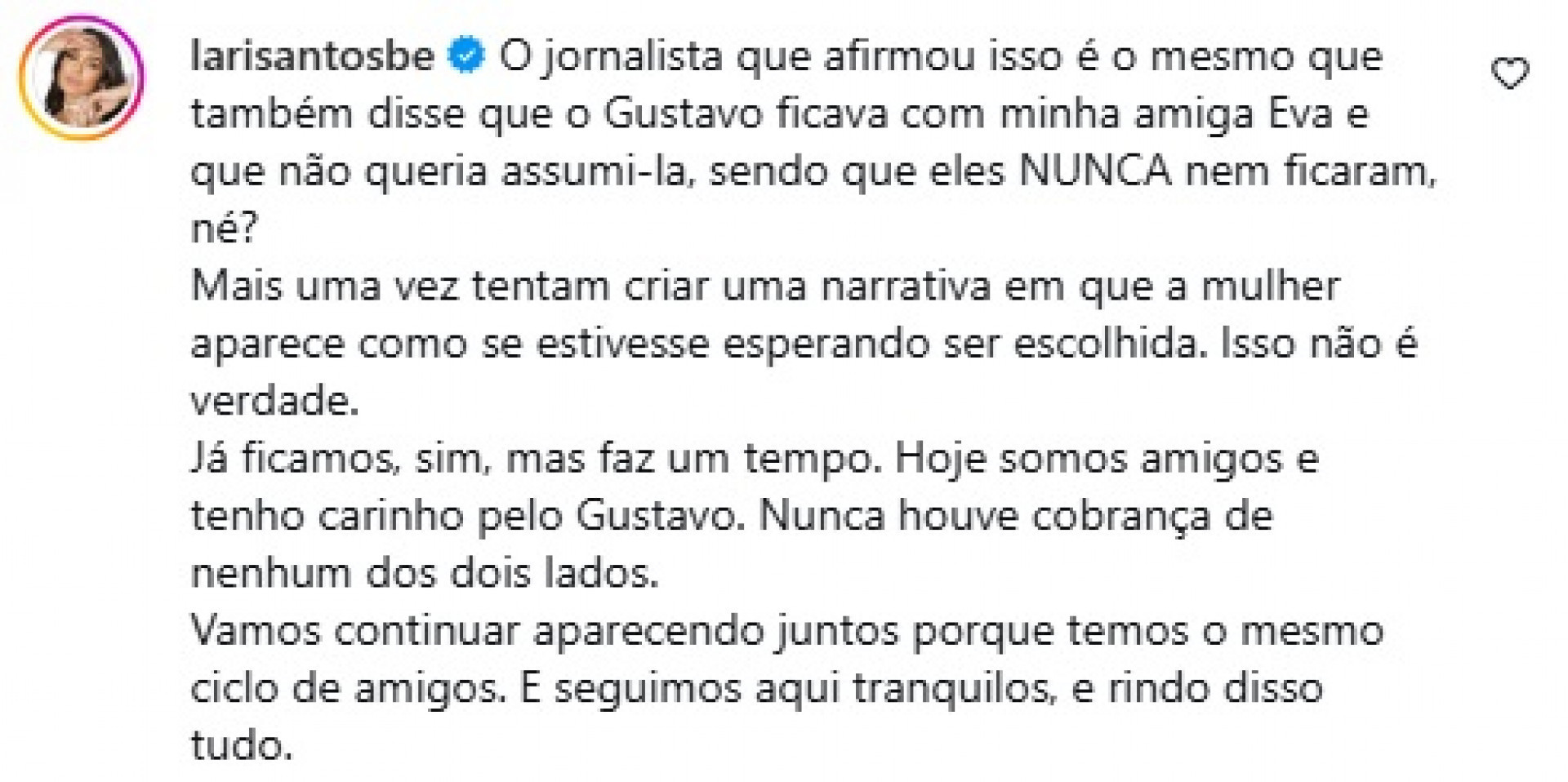 Larissa Santos rebateu notícia envolvendo affair com Gustavo Mioto - Reprodução/Instagram