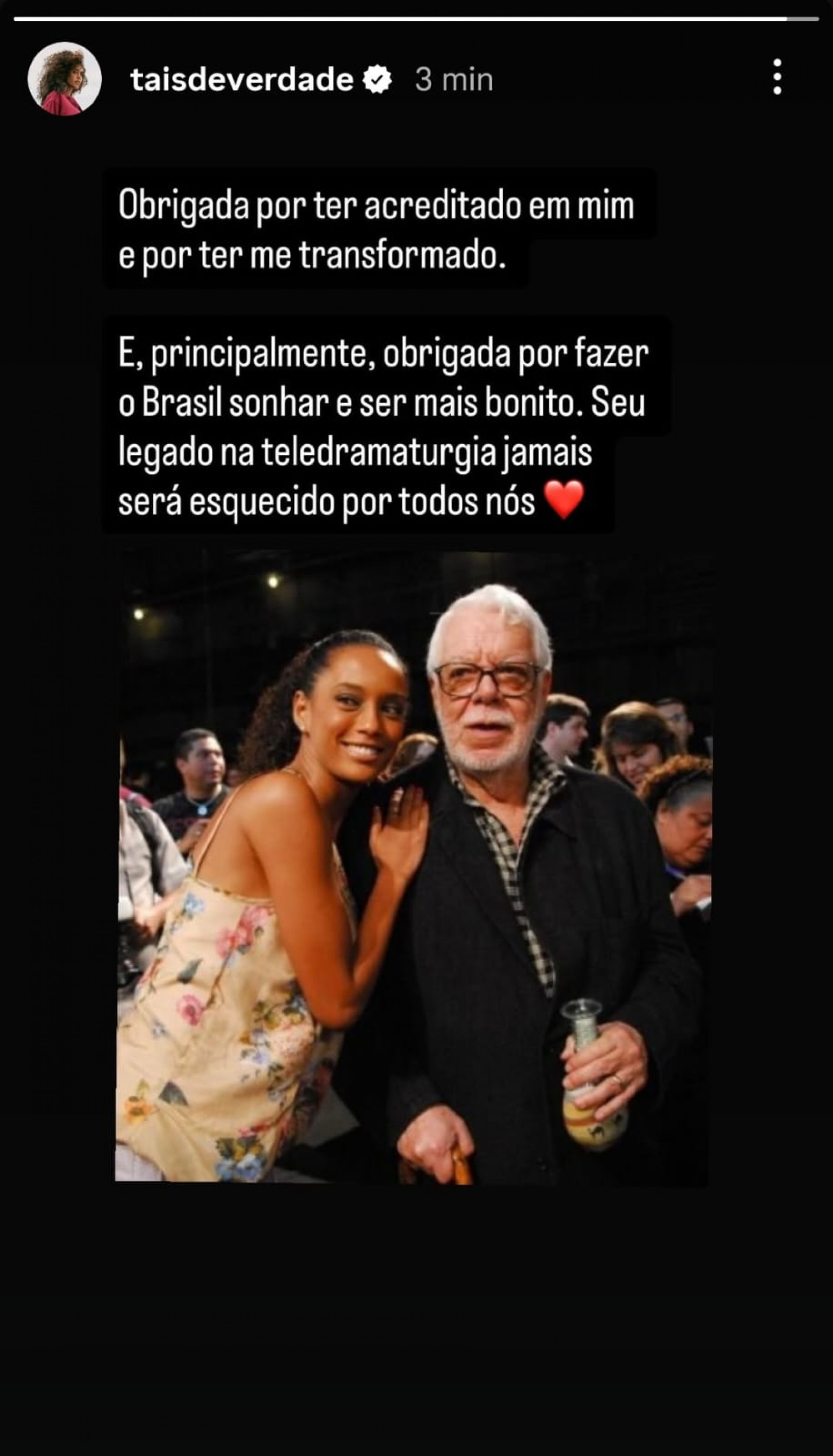 Taís Araújo, uma das Helenas de Manoel Carlos, prestou homenagem ao autor - Reprodução / Instagram