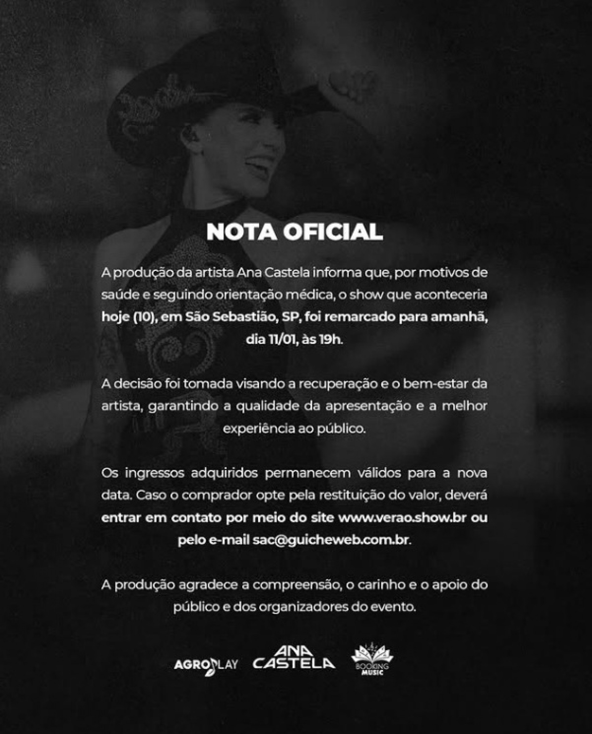 Nota da equipe de Ana Castela sobre adiamento do show - Reprodução / Instagram