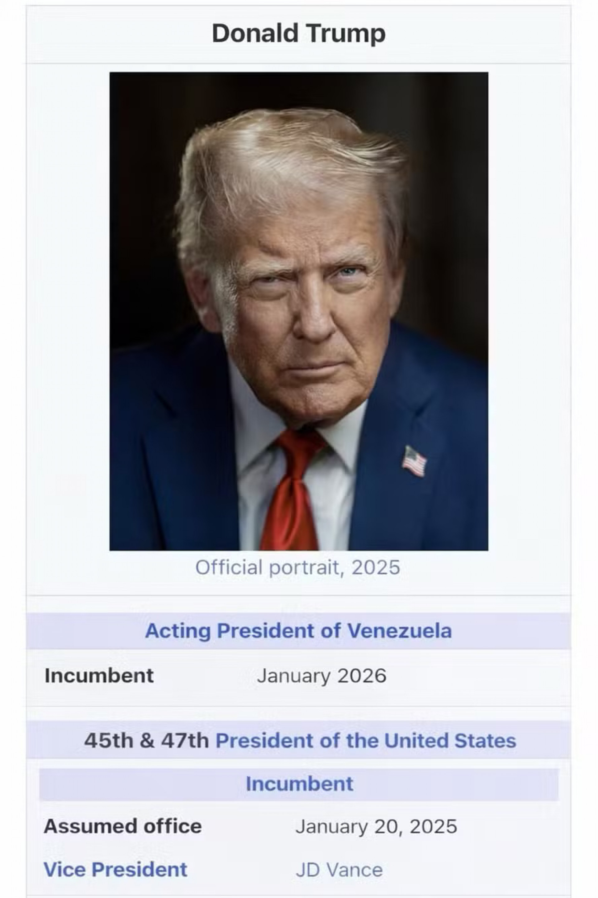 Trump compartilha imagem em que aparece como ?presidente interino da Venezuela? - Reprodu&ccedil;&atilde;o / Redes Sociais