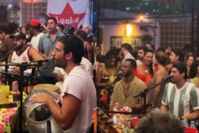 Humberto Carrão e Dan Ferreira curtem roda de samba no Rio