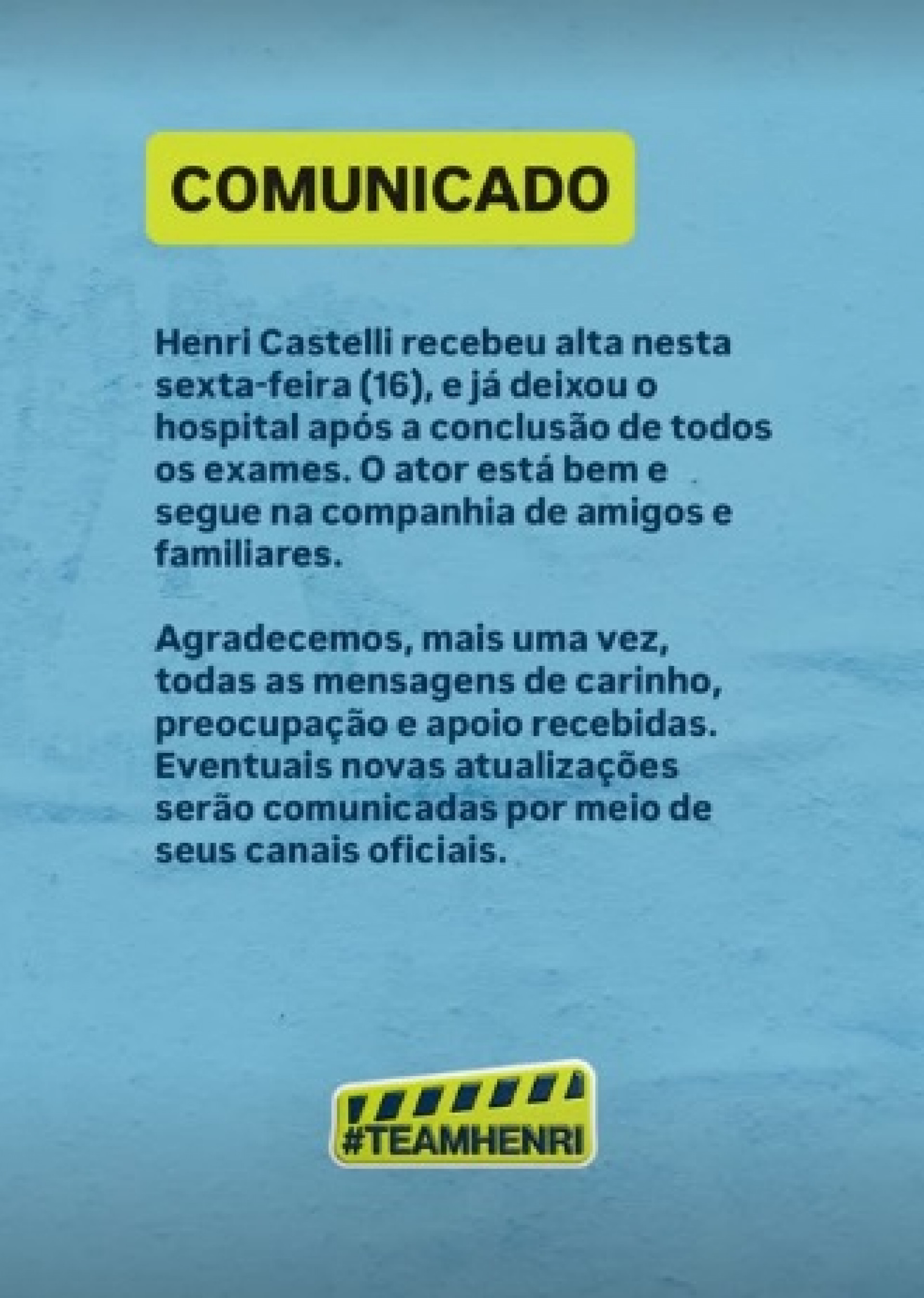 Comunicado publicado nas redes sociais de Henri Castelli - Reprodução/Instagram
