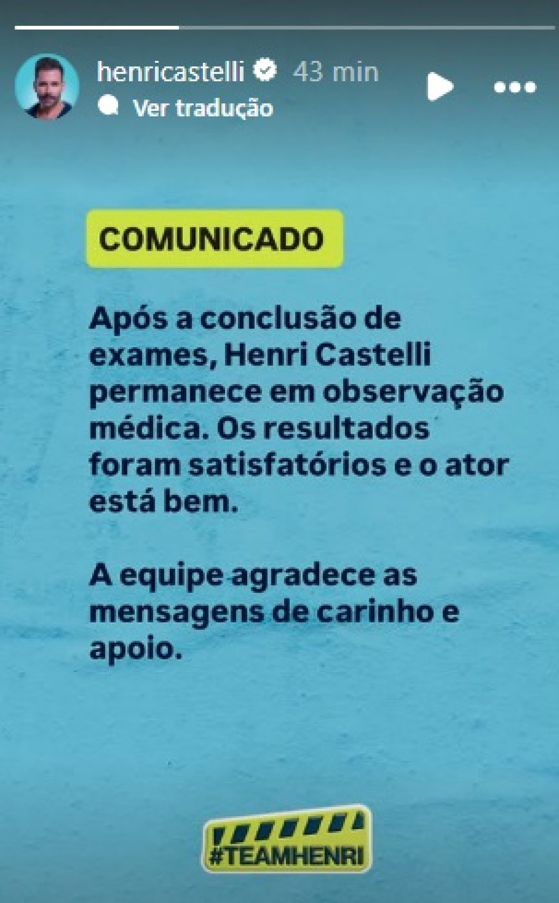 Henri Castelli tem estado de saúde atualizado por equipe - Reprodução do Instagram